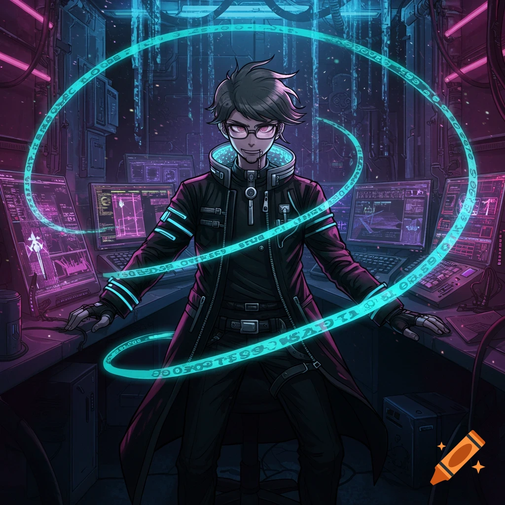 Anime male hacker with glasses and a long coat, surrounded by glowing data streams in a dark, tech-filled room with monitors.