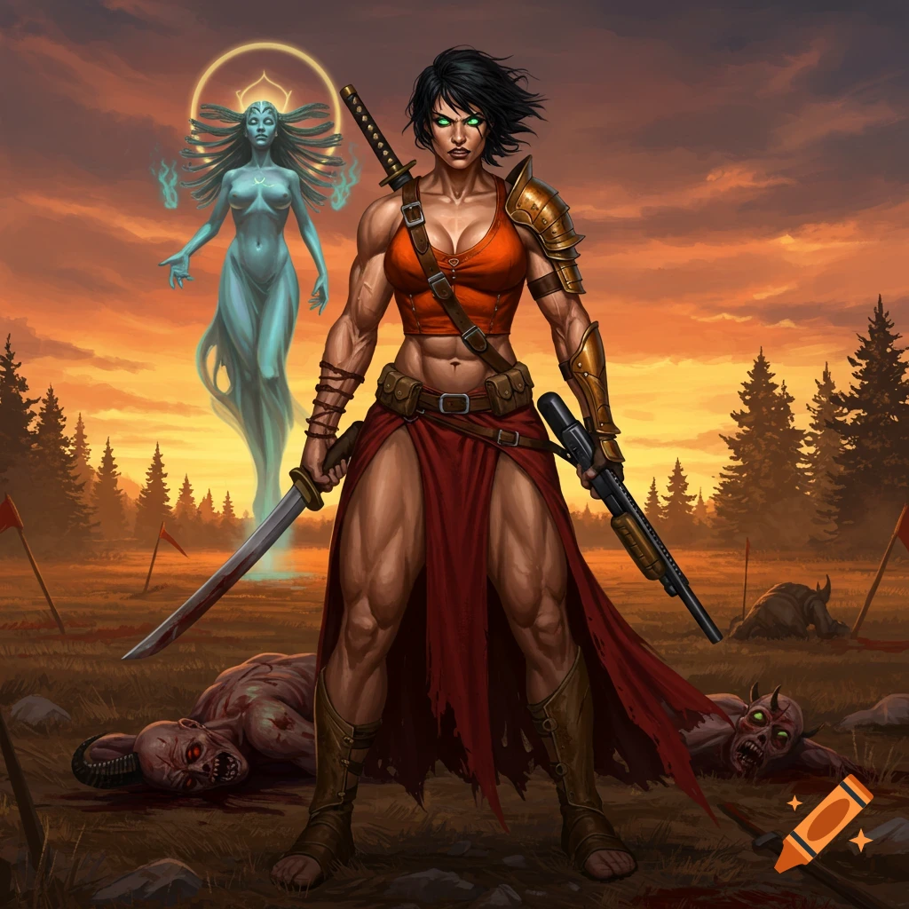 Muscular warrior woman with a katana and shotgun stands over slain demon zombies, with a glowing blue goddess behind her on a battlefield at sunset, digital art.