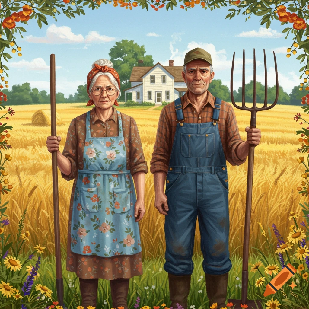 A stylized illustration of an old farming couple standing in a wheat field with a farmhouse, holding a staff and pitchfork.