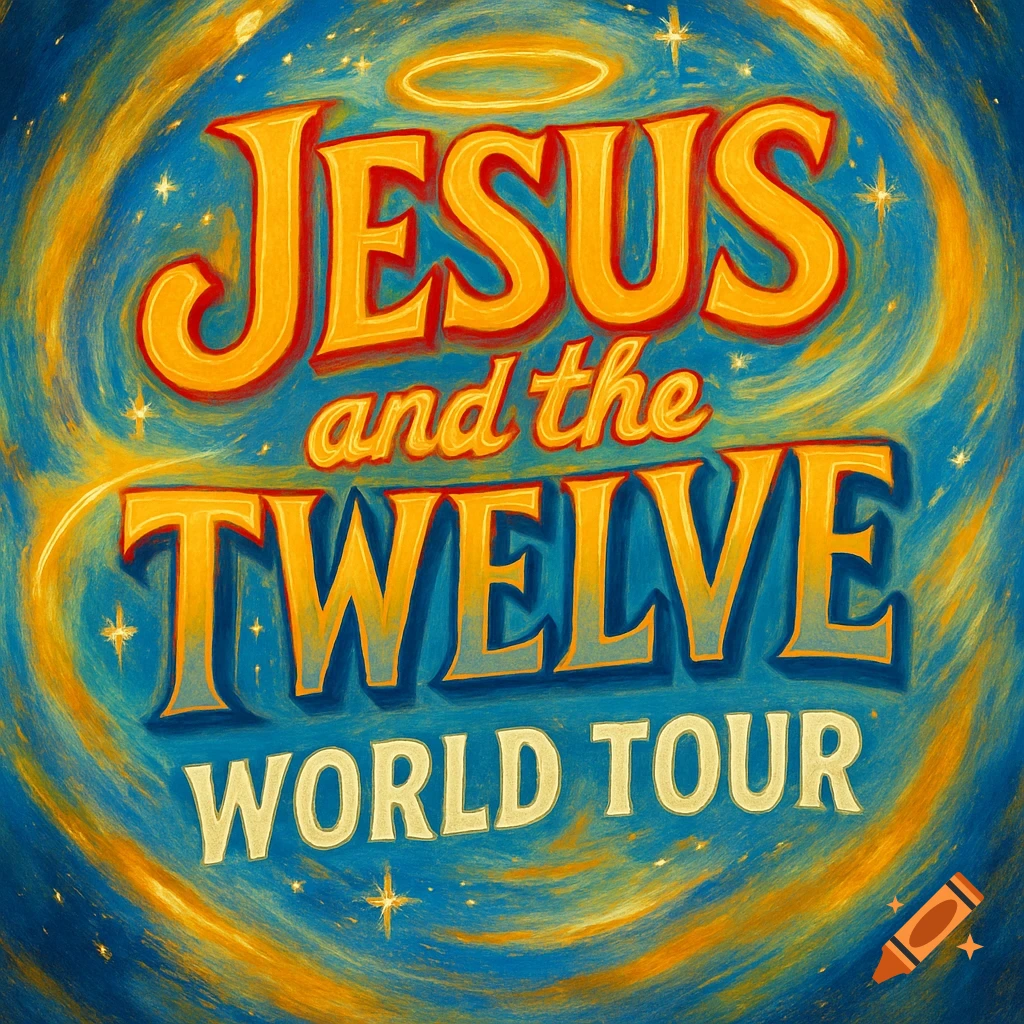 Word art for 'Jesus and the Twelve World Tour' on a blue and gold celestial background with swirling stars.