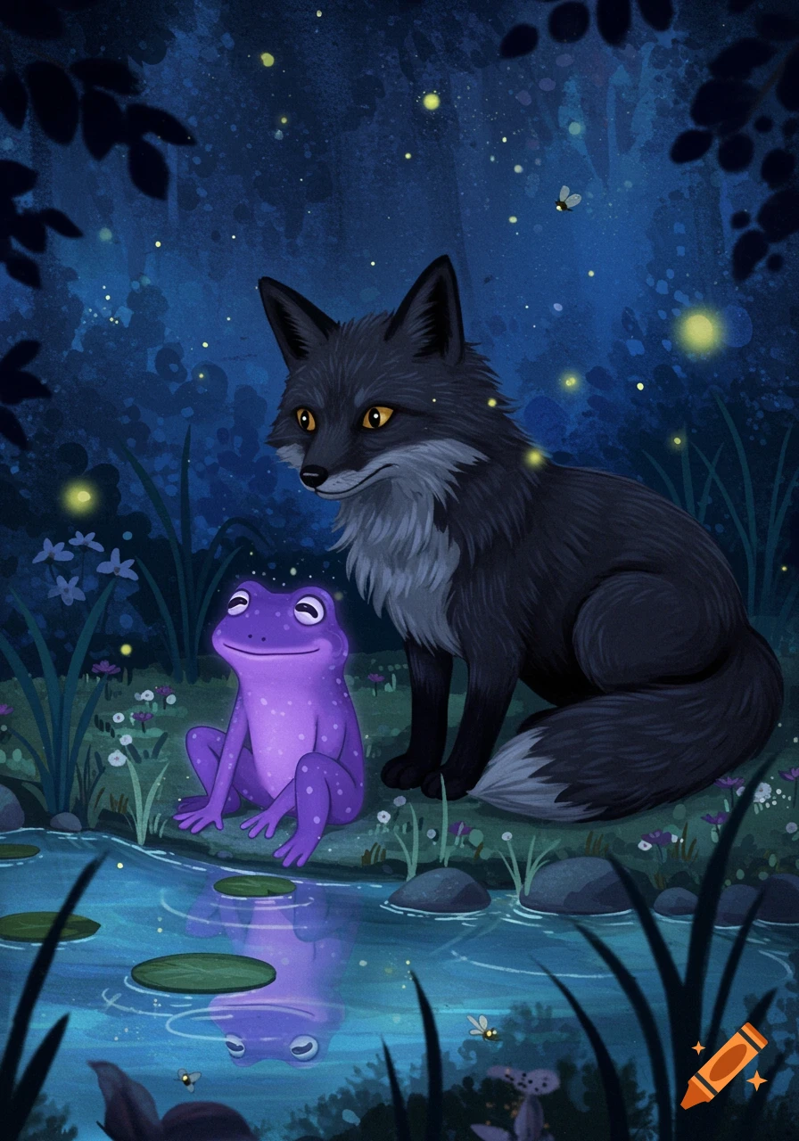 An illustration of a black fox and a purple frog sitting by a moonlit pond in a forest with fireflies.