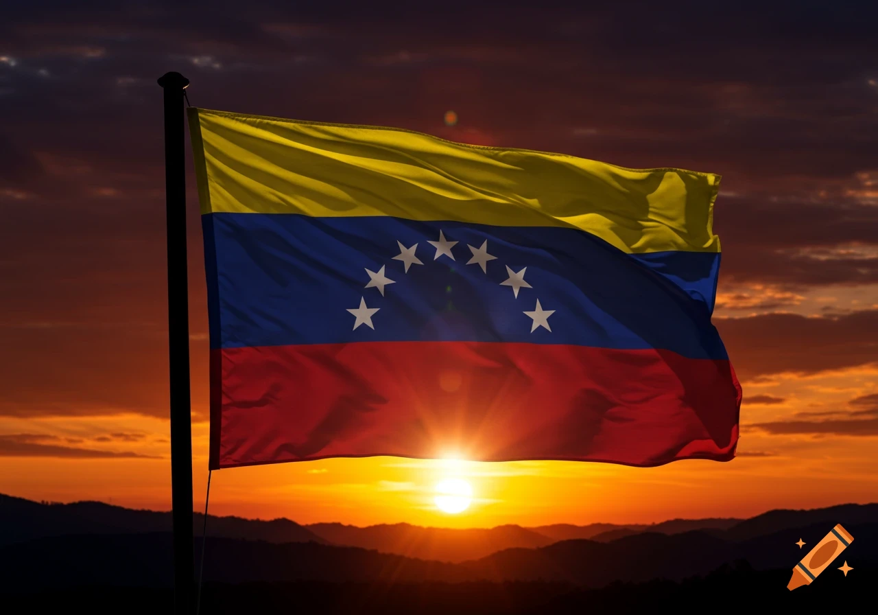 The flag of Venezuela waves against a dramatic orange and red sunset over silhouetted mountains.