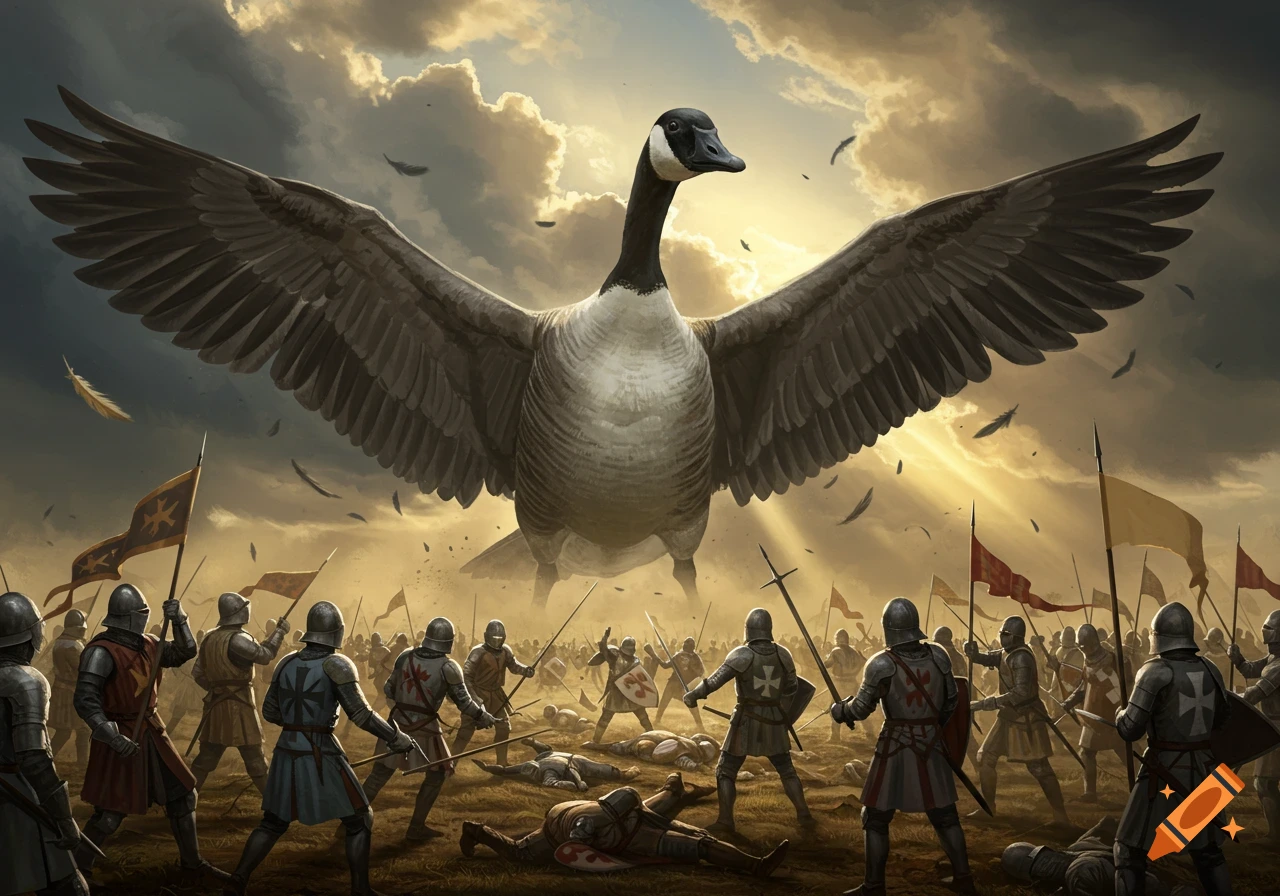 A colossal Canada goose with outstretched wings looms over a battlefield where medieval knights stand ready to fight.