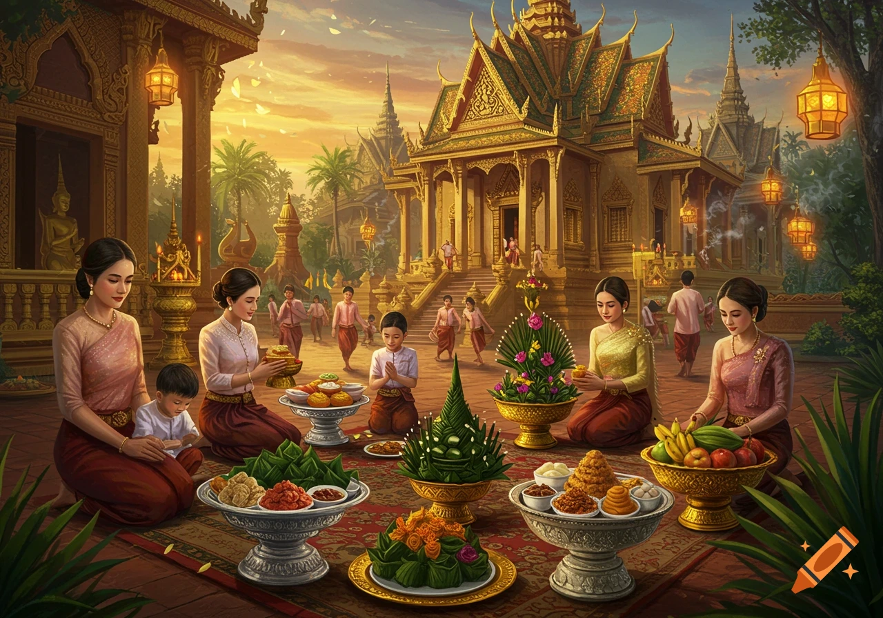 Cambodian people celebrate Pchum Ben Day, offering food and sticky rice balls at golden temples during sunset.