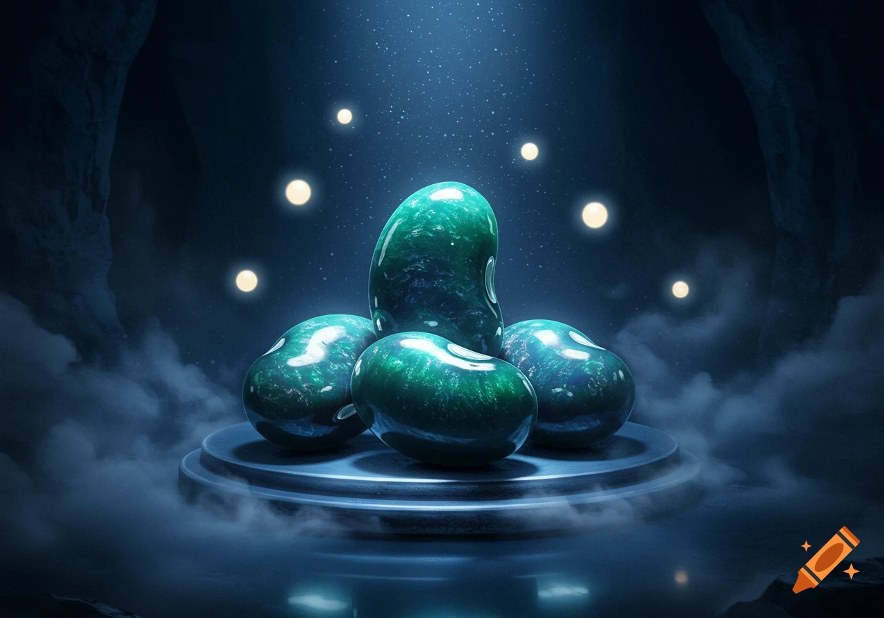 Several glowing, jade-like bean shapes rest on a metallic platform, surrounded by mist and ethereal lights in a dark cave.