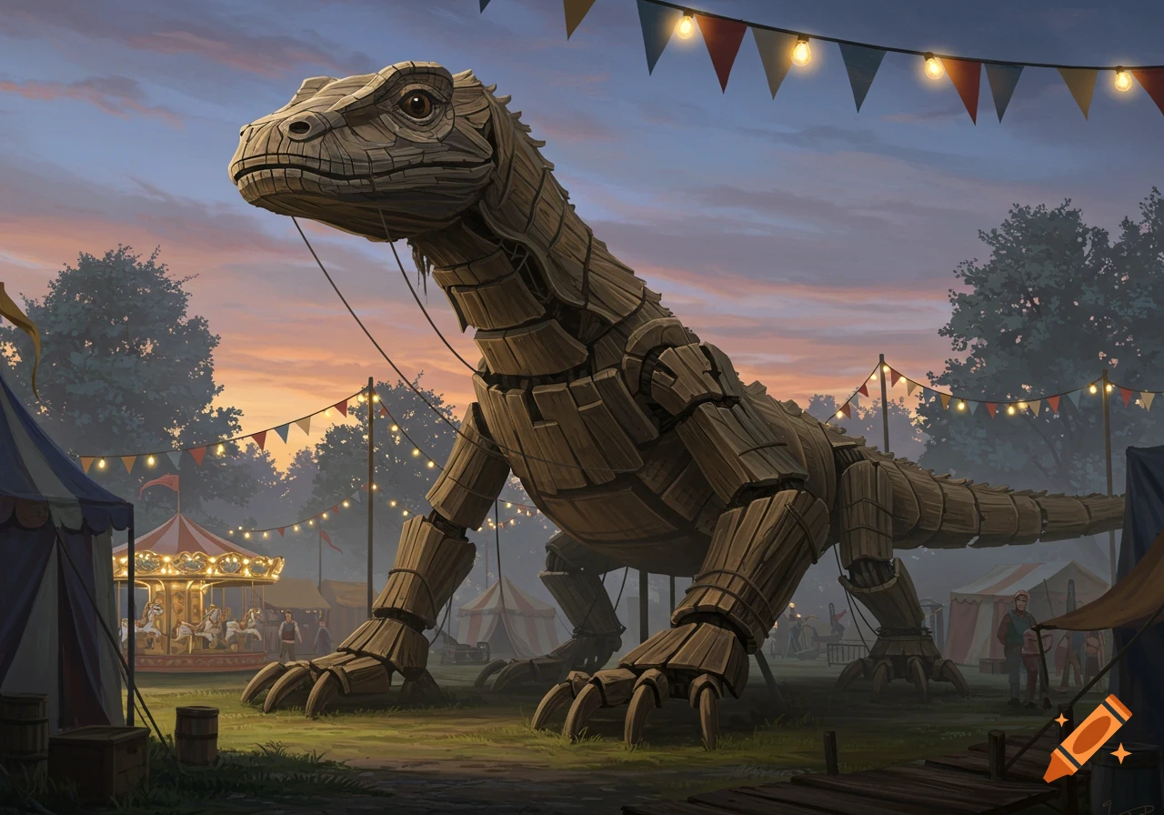 Giant wooden komodo dragon puppet at a fairground during sunset with string lights and a carousel.