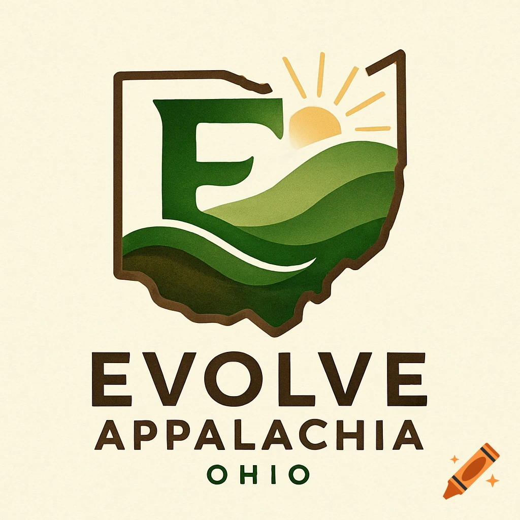 Logo in the shape of Ohio with a large green E, rolling hills, and a rising sun. Text reads 'EVOLVE APPALACHIA OHIO'.