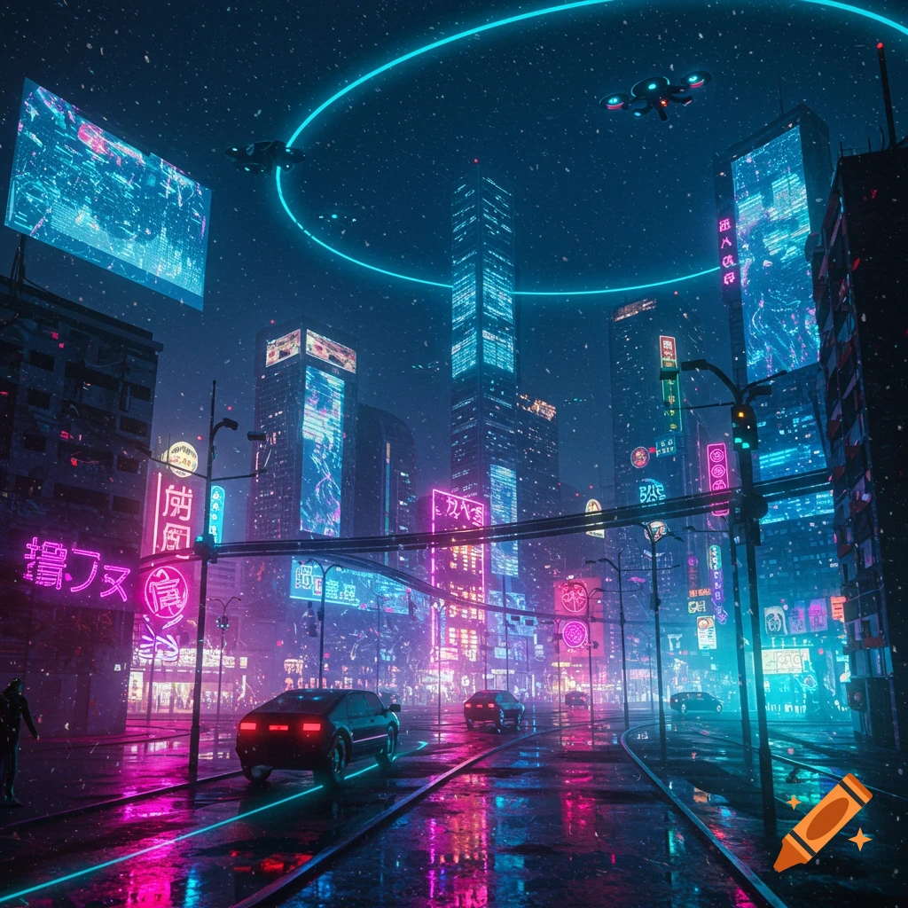 A rainy cyberpunk city street at night, illuminated by vibrant neon pink and blue lights from skyscrapers and signs, with cars on wet roads and flying drones overhead.