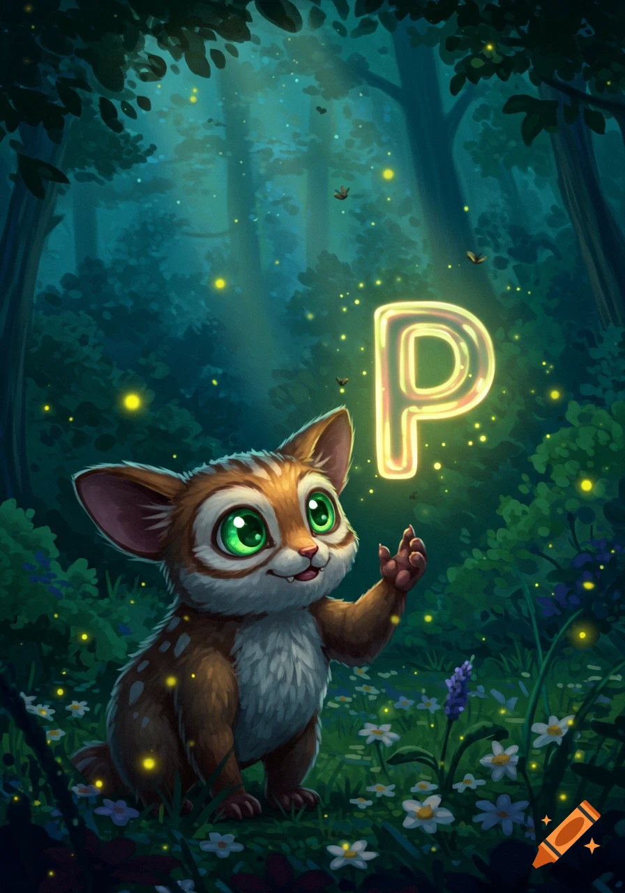 A cute, big-eyed creature with spots in a magical forest reaches towards a glowing letter P, surrounded by fireflies and flowers.
