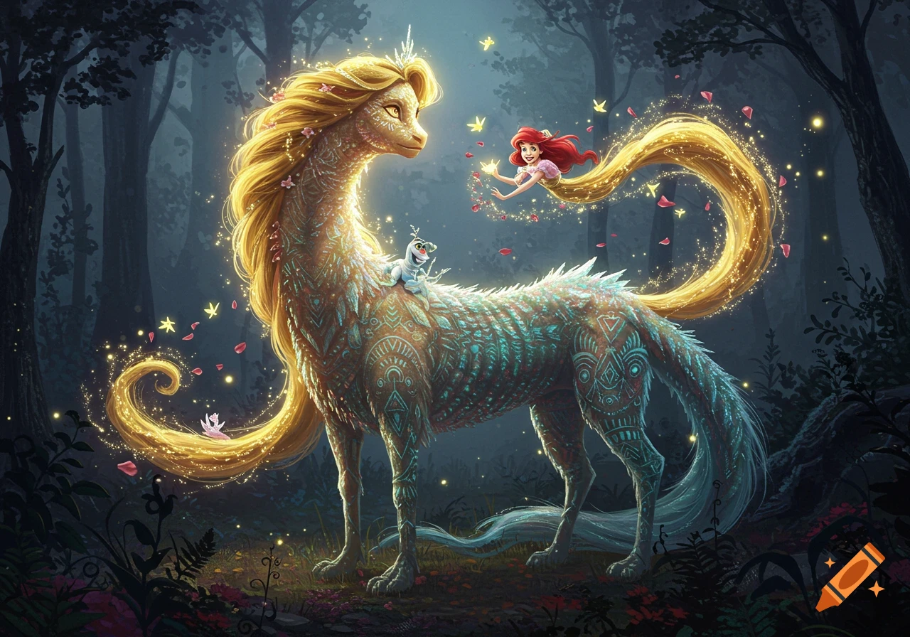 An ornate, glowing dragon-like creature with golden hair and a crown, Ariel floating nearby, and Olaf riding its back in a magical forest.