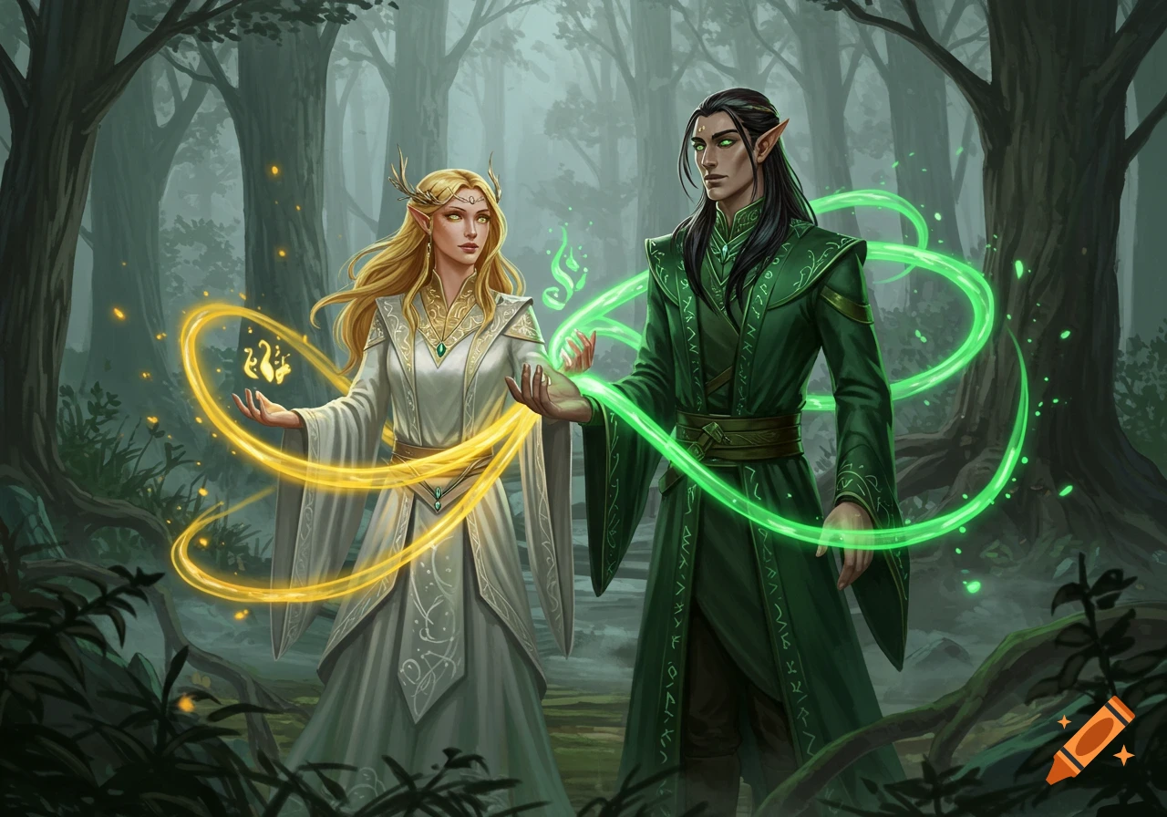 Two elven wizards, a blonde woman in white and a dark-haired man in green, wield gold and green magic in a mystical forest.