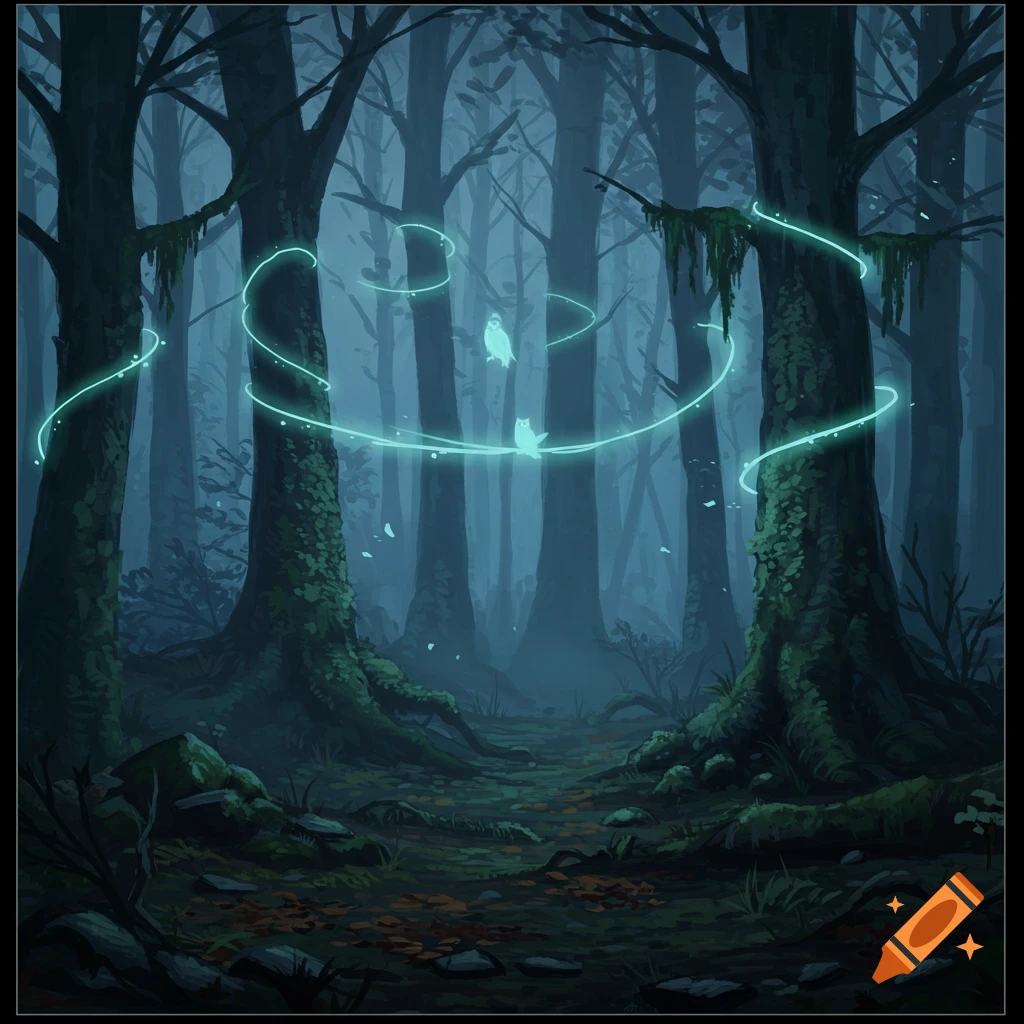 Dark fantasy illustration of a spooky forest with tall moss-covered trees, glowing blue-green light trails, and small white spirits.