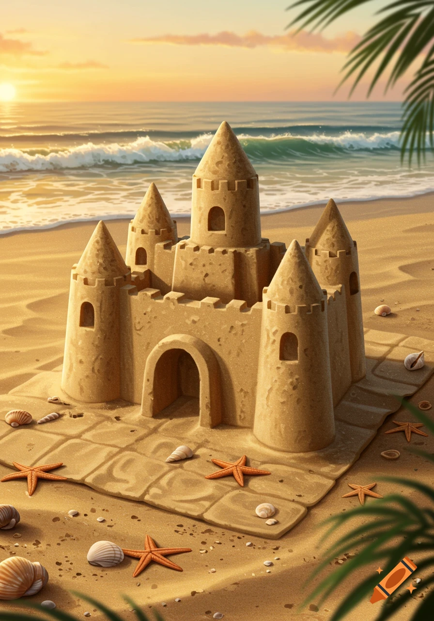 A detailed sandcastle on a sandy beach, adorned with starfish and shells, set against a vibrant sunset over the ocean.