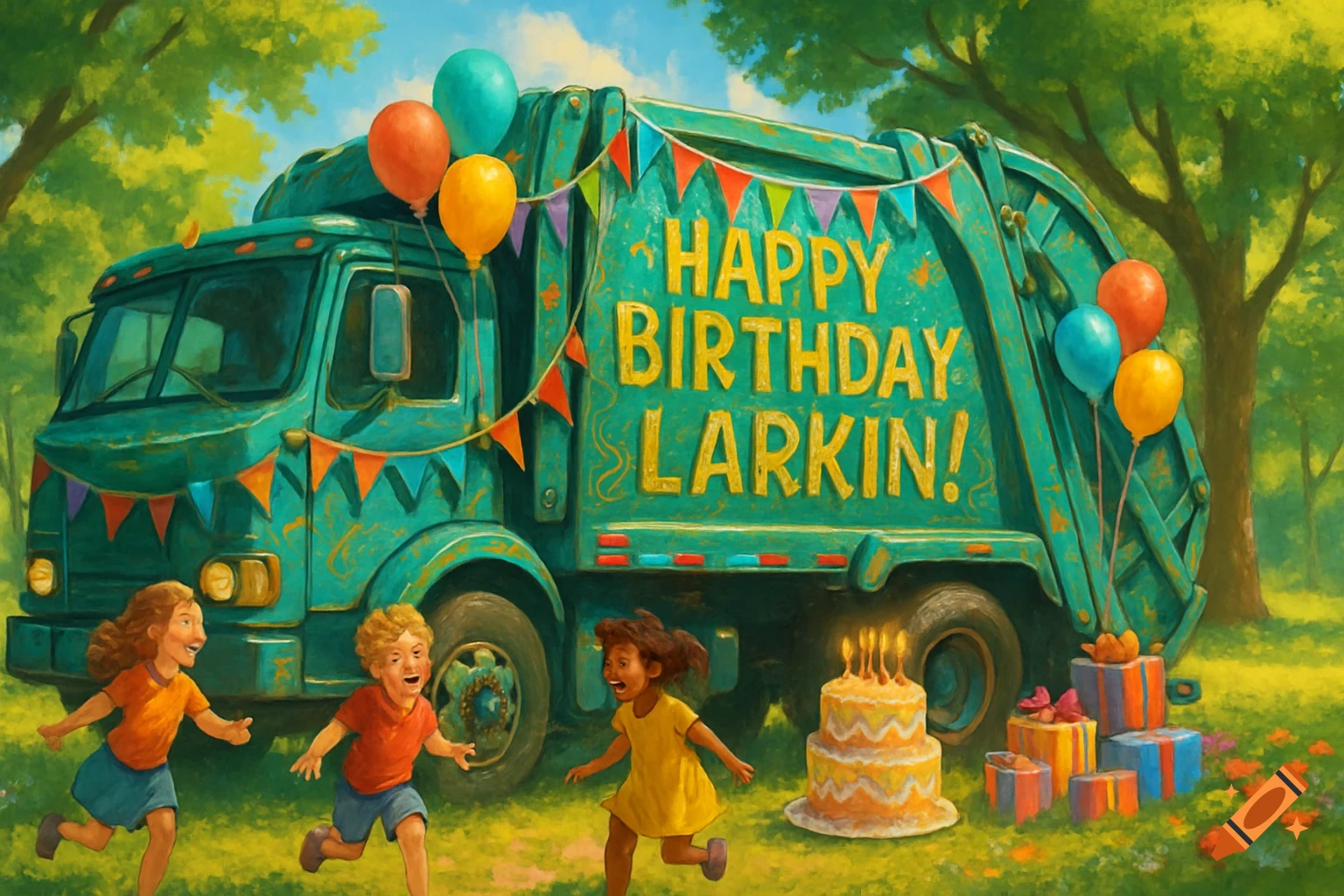 Three children run in a park next to a decorated teal garbage truck with "Happy Birthday Larkin!" painted on it. A cake and gifts sit nearby. Painted style.