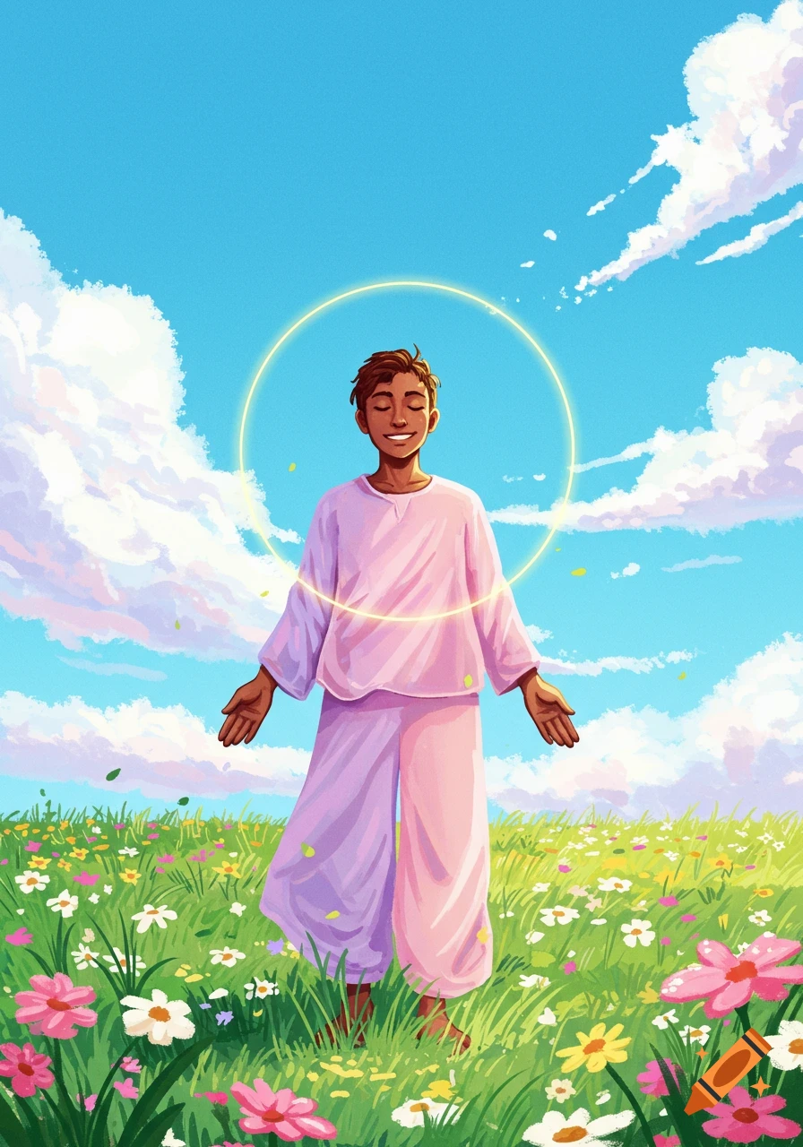 An illustrated person with a halo smiles peacefully in a vibrant flower field under a blue sky.