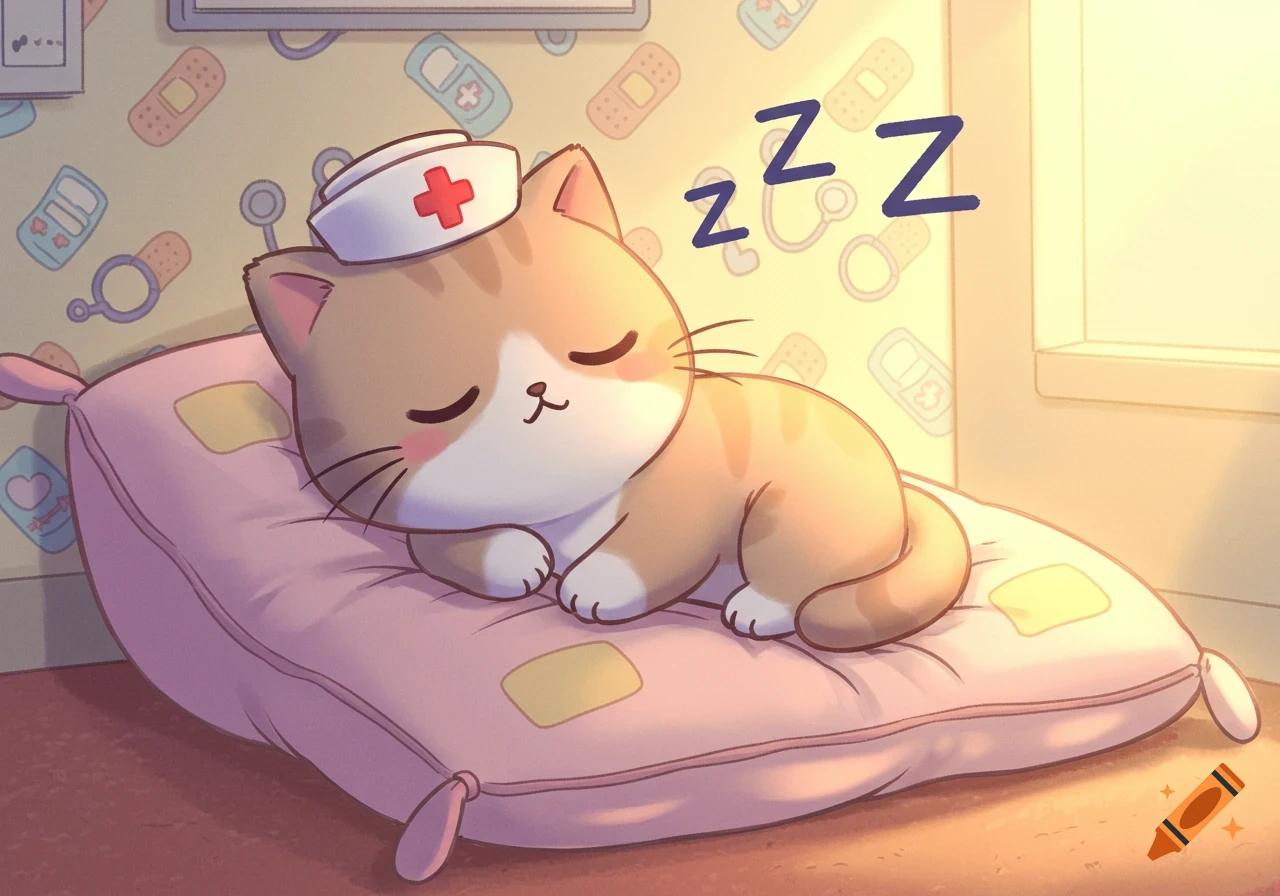 A cute cartoon cat wearing a nurse's hat sleeps peacefully on a pink pillow with Zzz symbols floating above it.