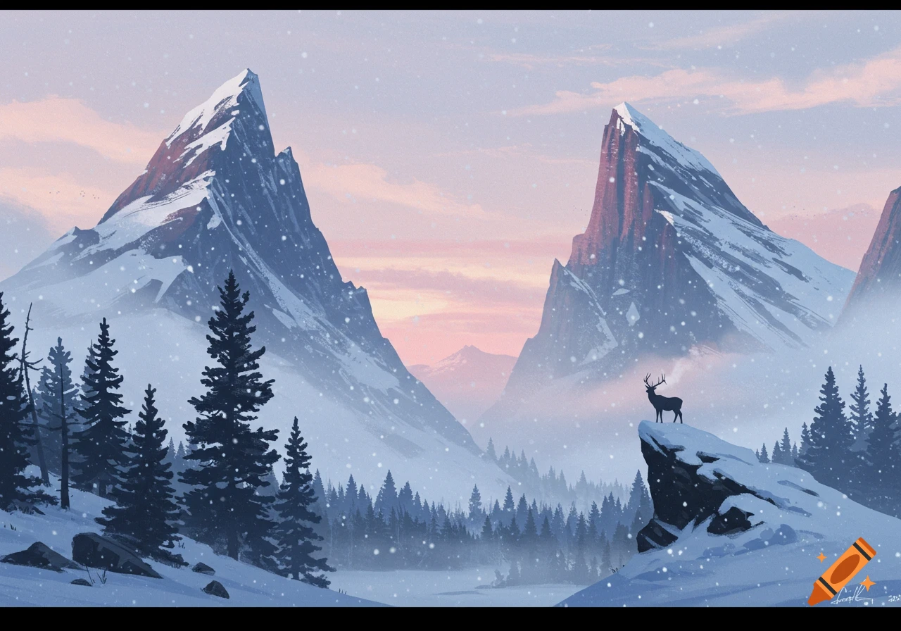 Illustrated winter landscape with snow-covered mountains, pine trees, and a deer standing on a snowy cliff at sunrise.