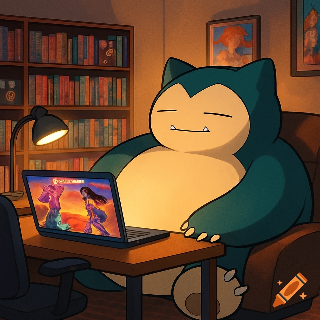 Snorlax sitting in an office chair, watching anime on a laptop with a bookshelf in the background, in a cartoon style.