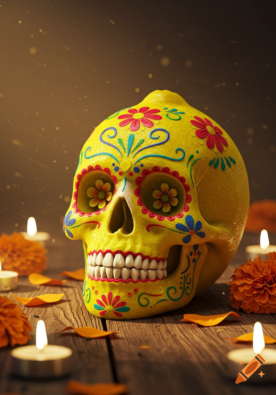 A vibrant lemon skull, decorated with colorful floral patterns, sits on a wooden table surrounded by lit candles and marigold petals.