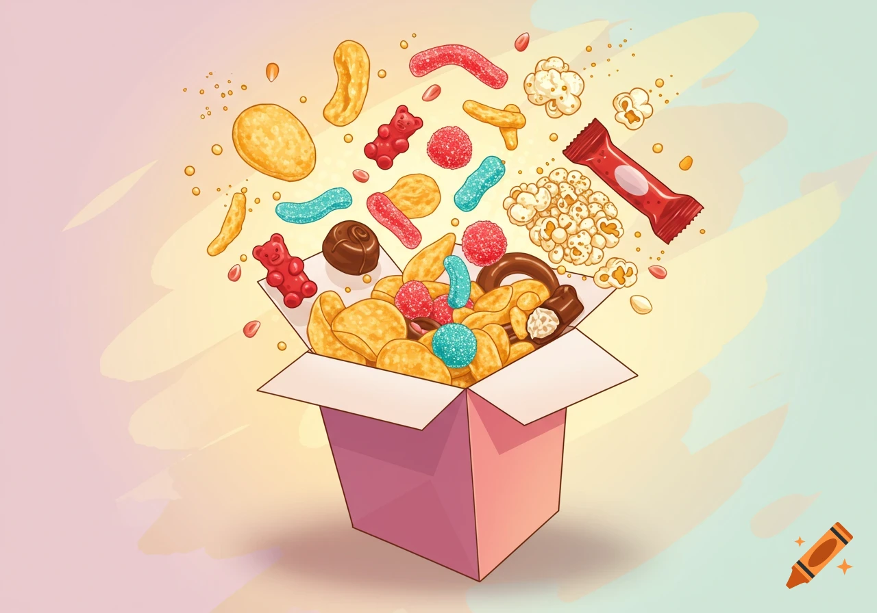 An illustration of a pink box overflowing with potato chips, gummy candies, popcorn, and chocolates, against a pastel background.