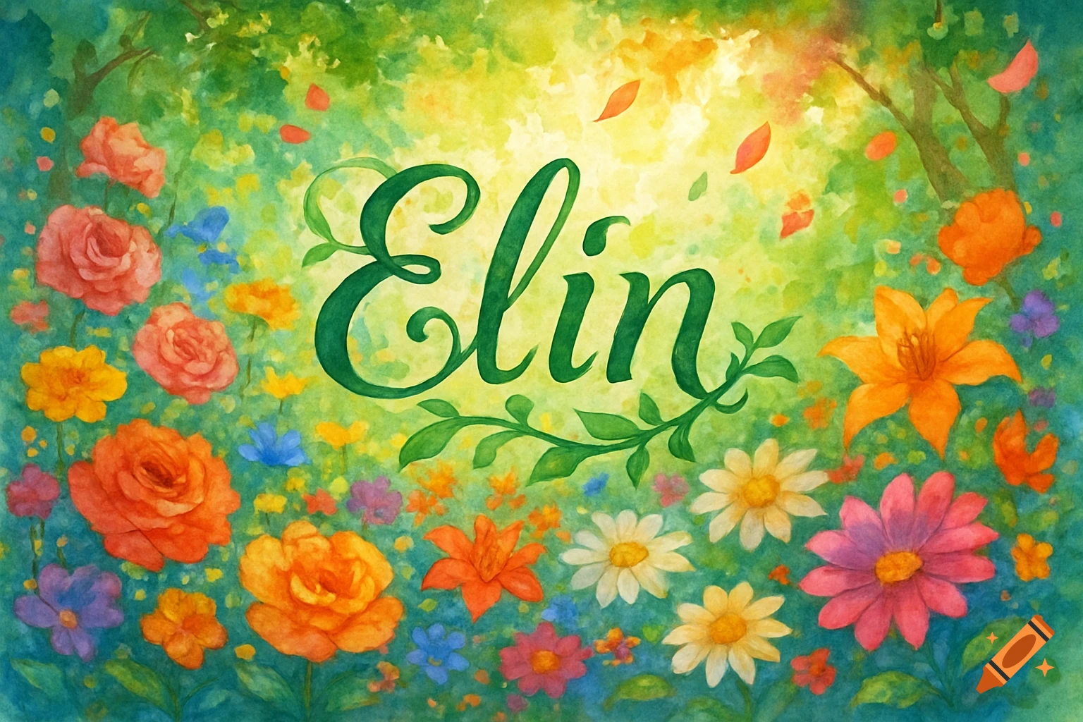 The name Elin in green script, surrounded by a vibrant field of colorful watercolor flowers.
