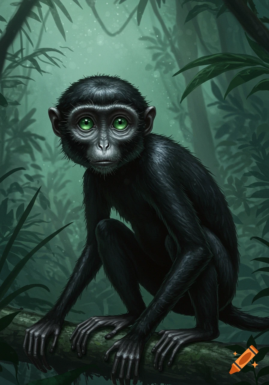 An illustrative black monkey with large green eyes crouches on a tree branch in a dark jungle.