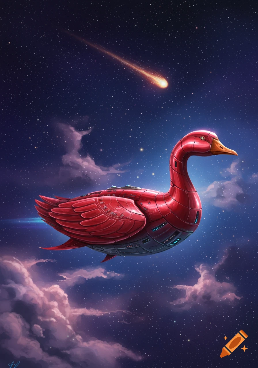 A red robotic goose spaceship with glowing blue details flies through a starry night sky with pink clouds and a streaking meteor.