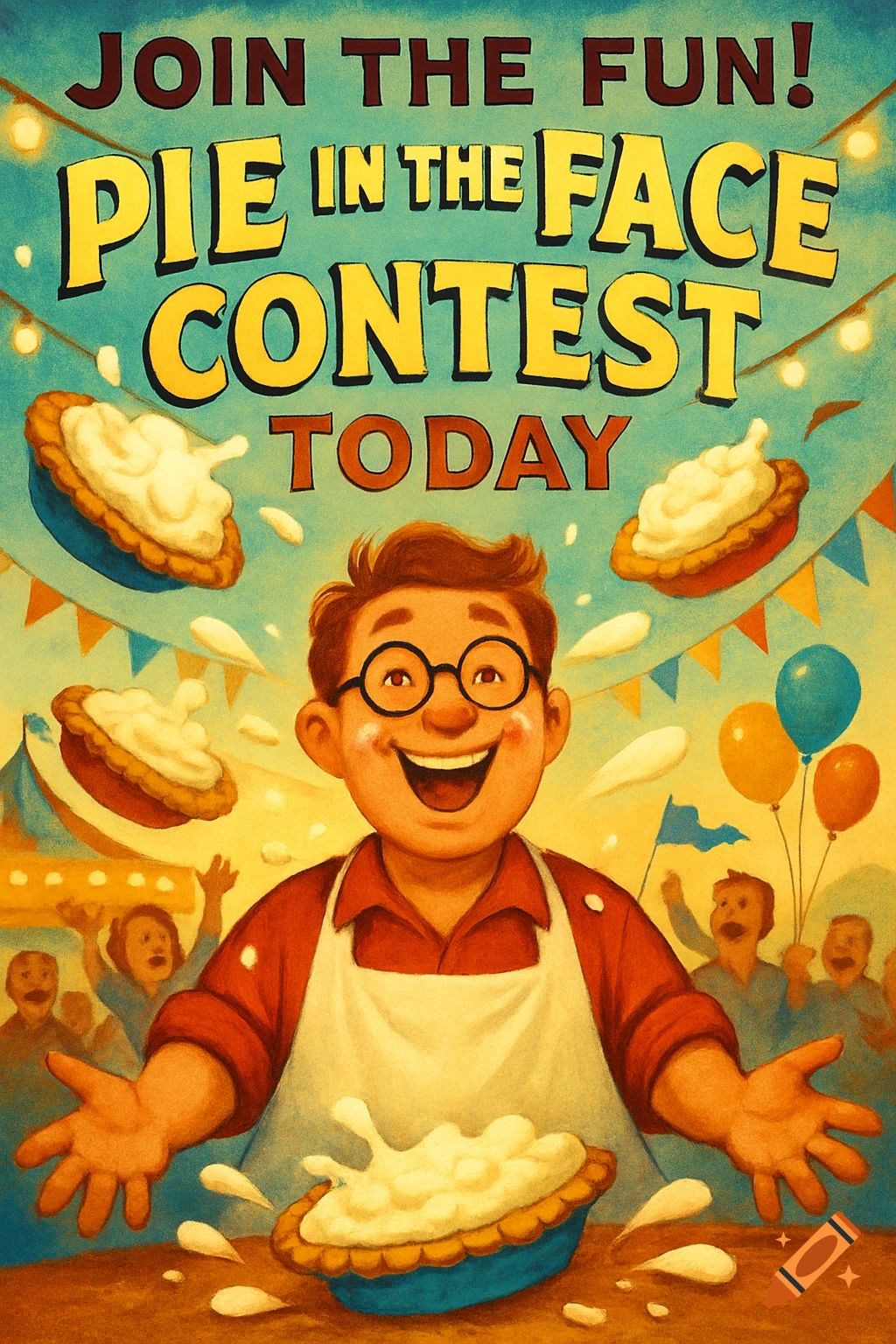 Colorful illustration of a man in an apron, smiling at a 'Pie in the Face Contest' poster with pies flying.