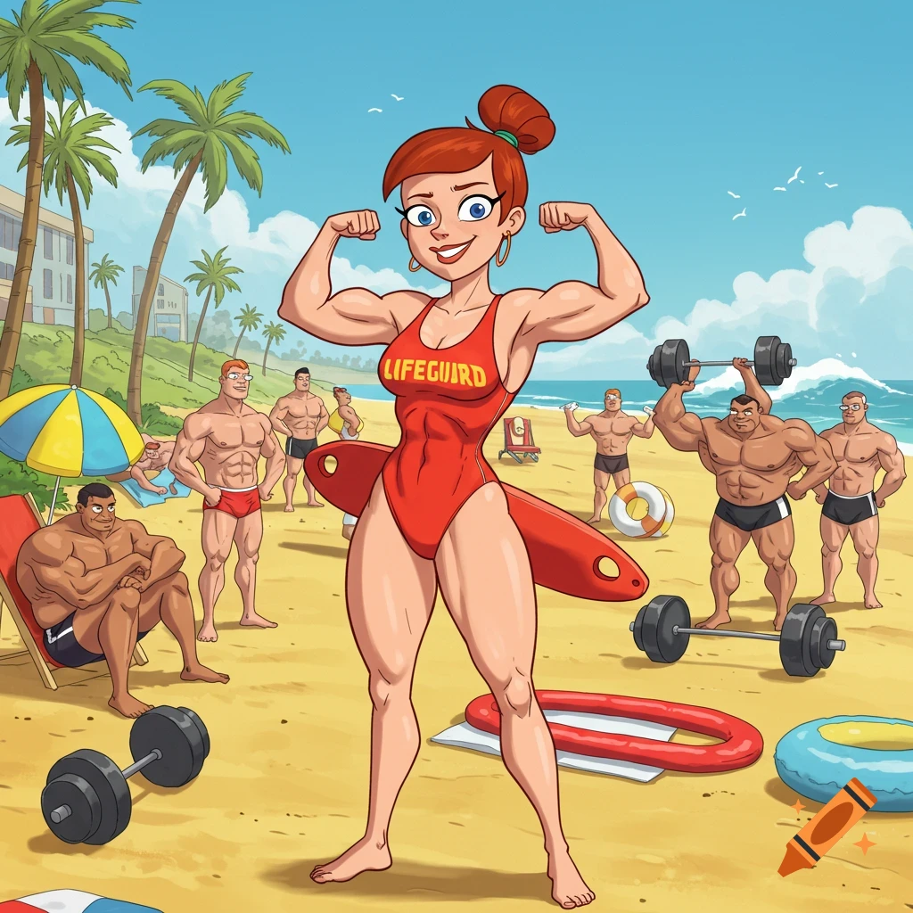 Cartoon female lifeguard flexes muscles on a sunny beach, surrounded by muscular men and workout equipment.