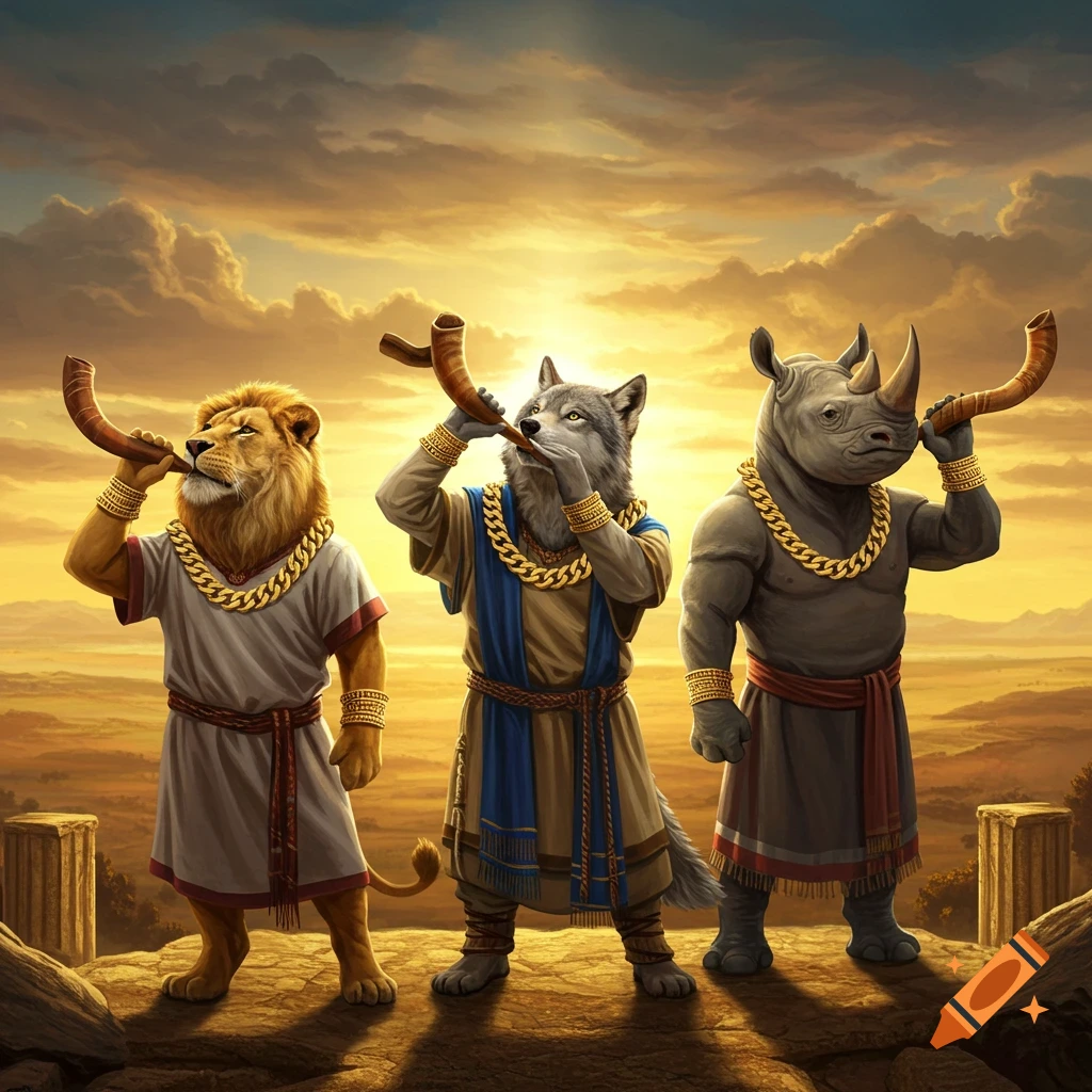 A majestic lion, wolf, and rhino in ancient warrior garments and gold chains blow shofars at sunset over a desert.
