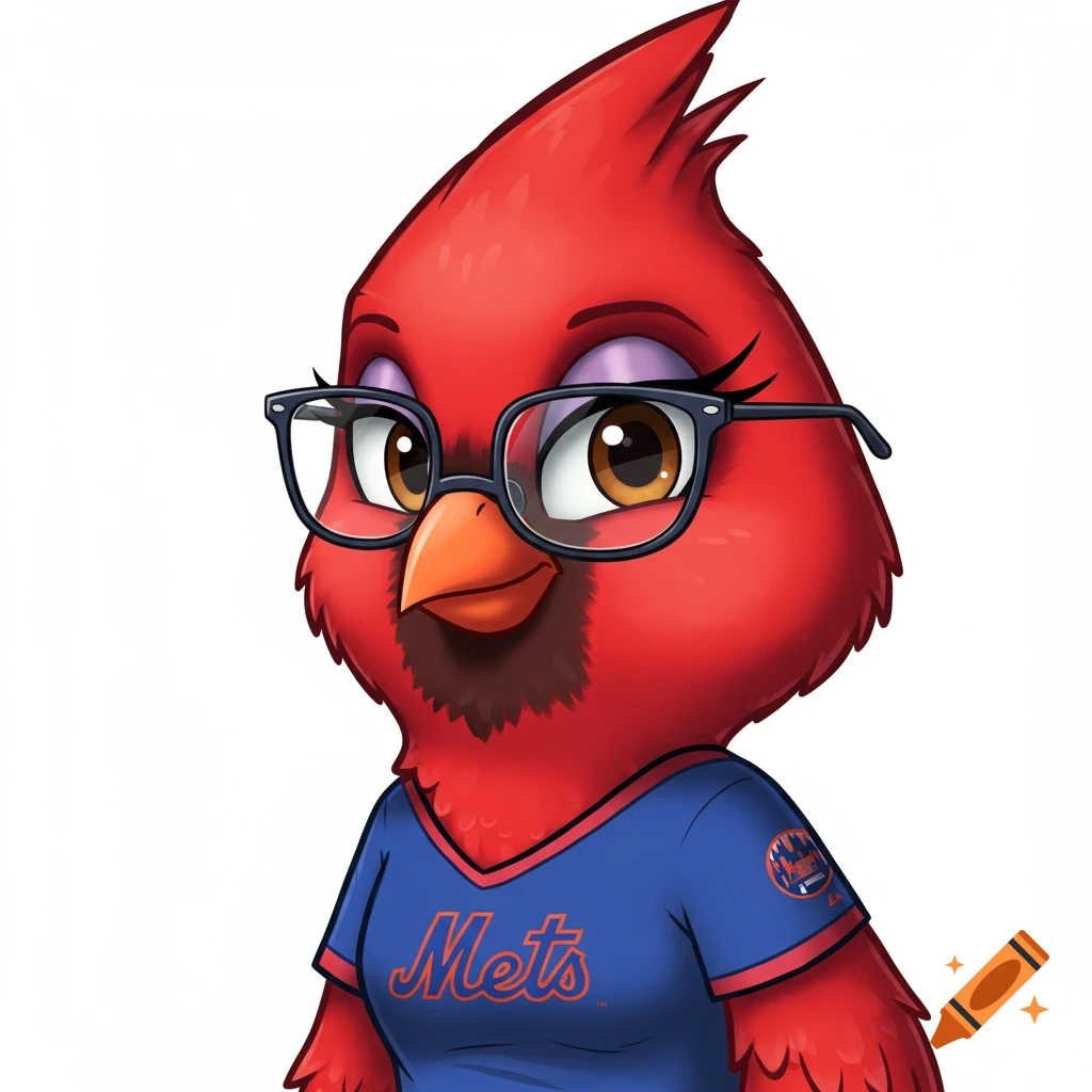 A cartoon red cardinal character with black-framed glasses and a blue "Mets" t-shirt, looking forward on a white background.