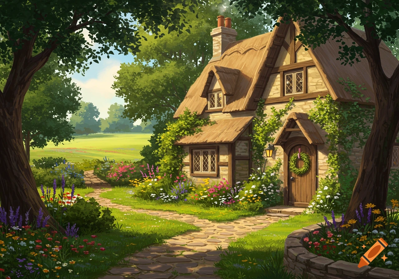 An idyllic storybook illustration of a charming cottage with a thatched roof, surrounded by a colorful flower garden and a winding stone path.