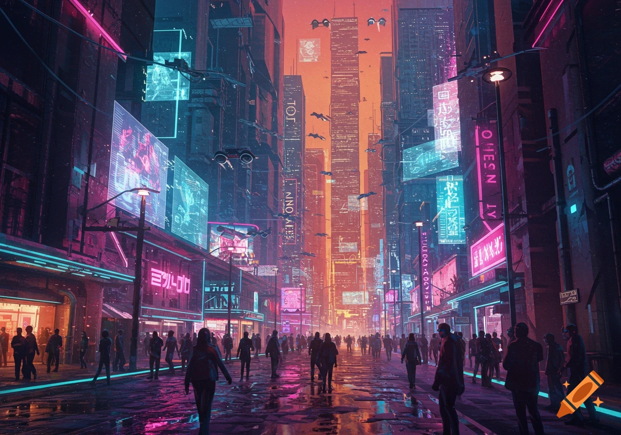 A vibrant cyberpunk city street at dusk, with neon signs, flying vehicles, and many people walking on a wet street reflecting colorful lights.
