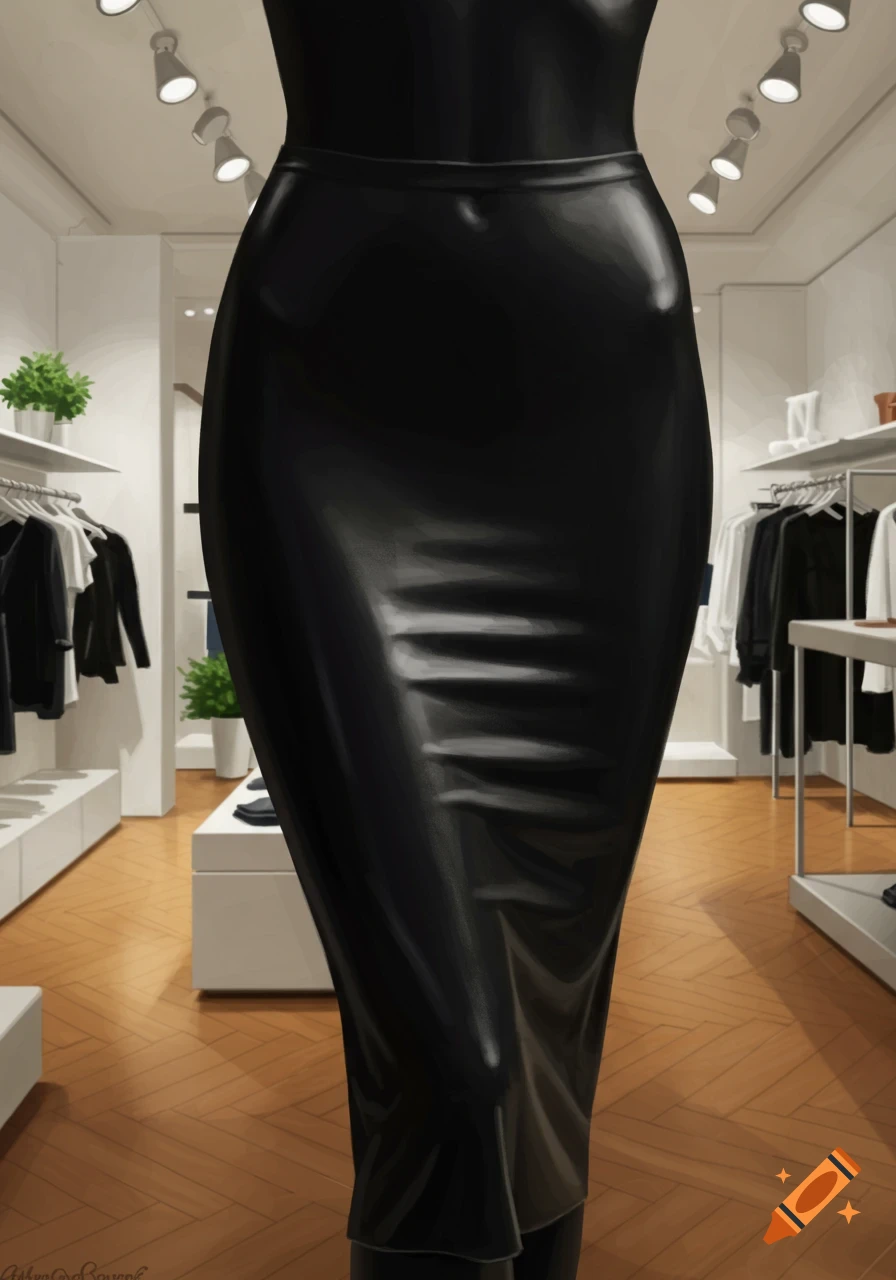 Close-up of a figure wearing a shiny black form-fitting midi skirt in a modern clothing store.