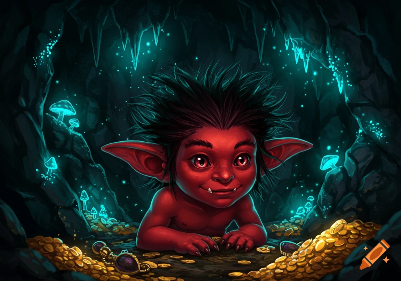 A cute red goblin with spiky black hair smiles, surrounded by a pile of gold coins in a glowing cave with blue mushrooms.