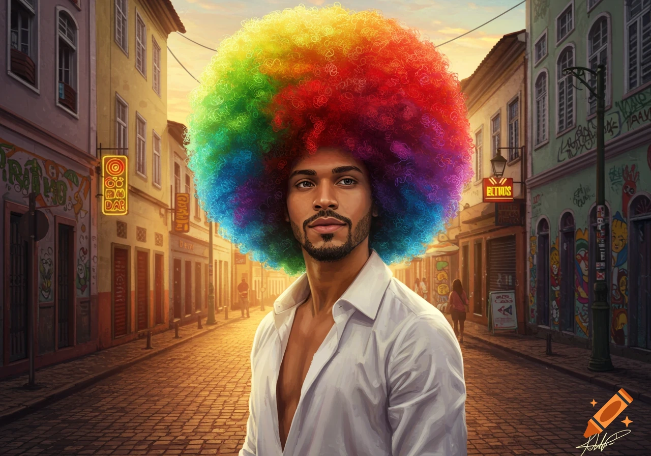 A light-complected Brazilian man with a vibrant rainbow afro, wearing an open white shirt, stands on a cobblestone street at sunset.