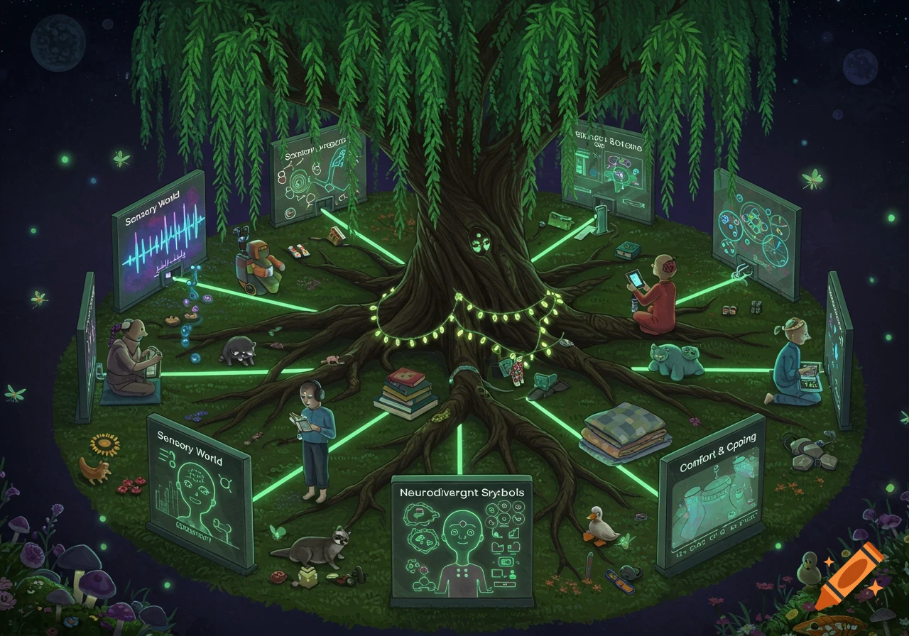 An illustration of a large weeping willow tree with glowing roots connecting to glowing screens tended by figures and animals on a whimsical, flat earth.