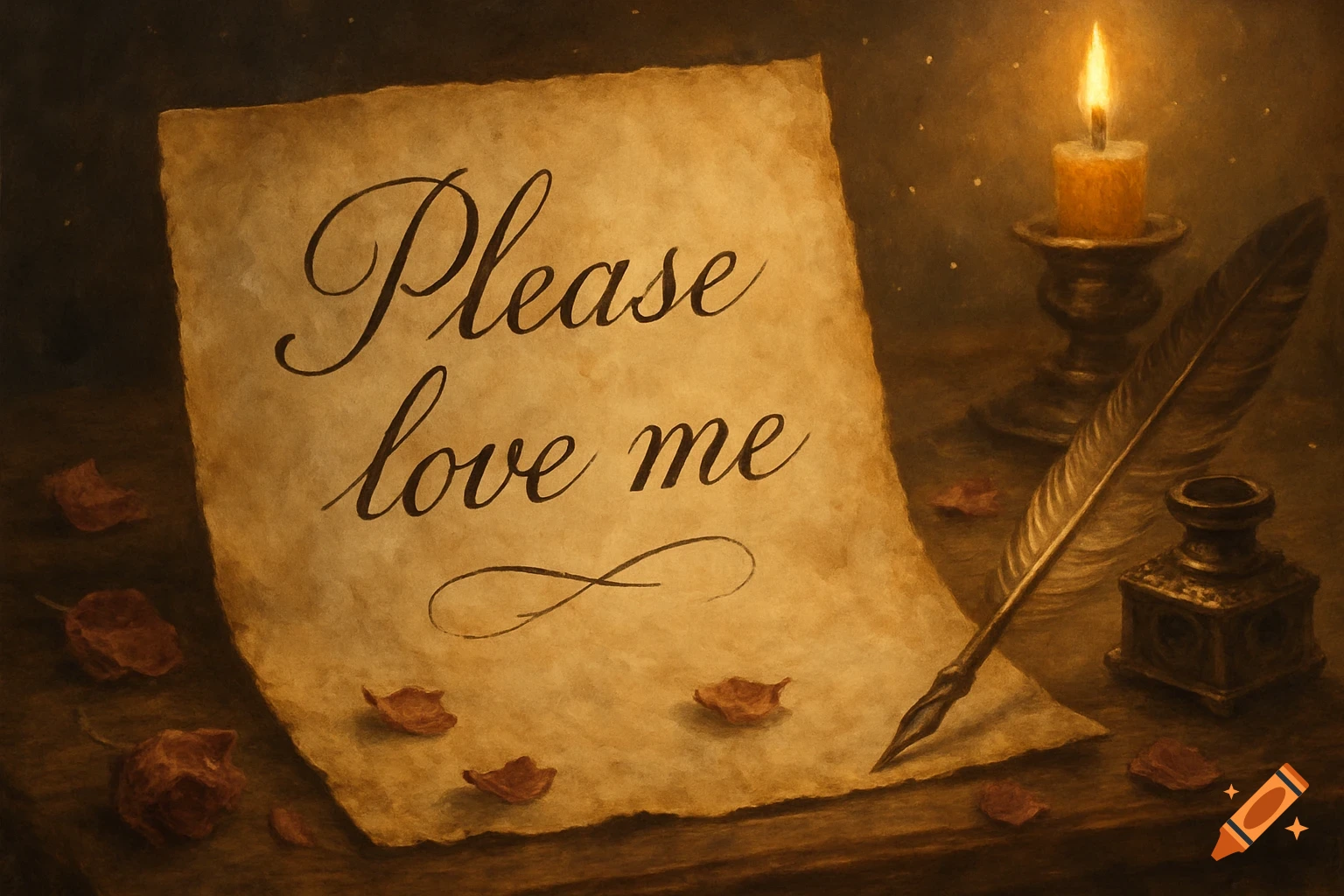 Vintage still life of a handwritten note saying 'Please love me,' with a lit candle, quill, inkwell, and dried rose petals.