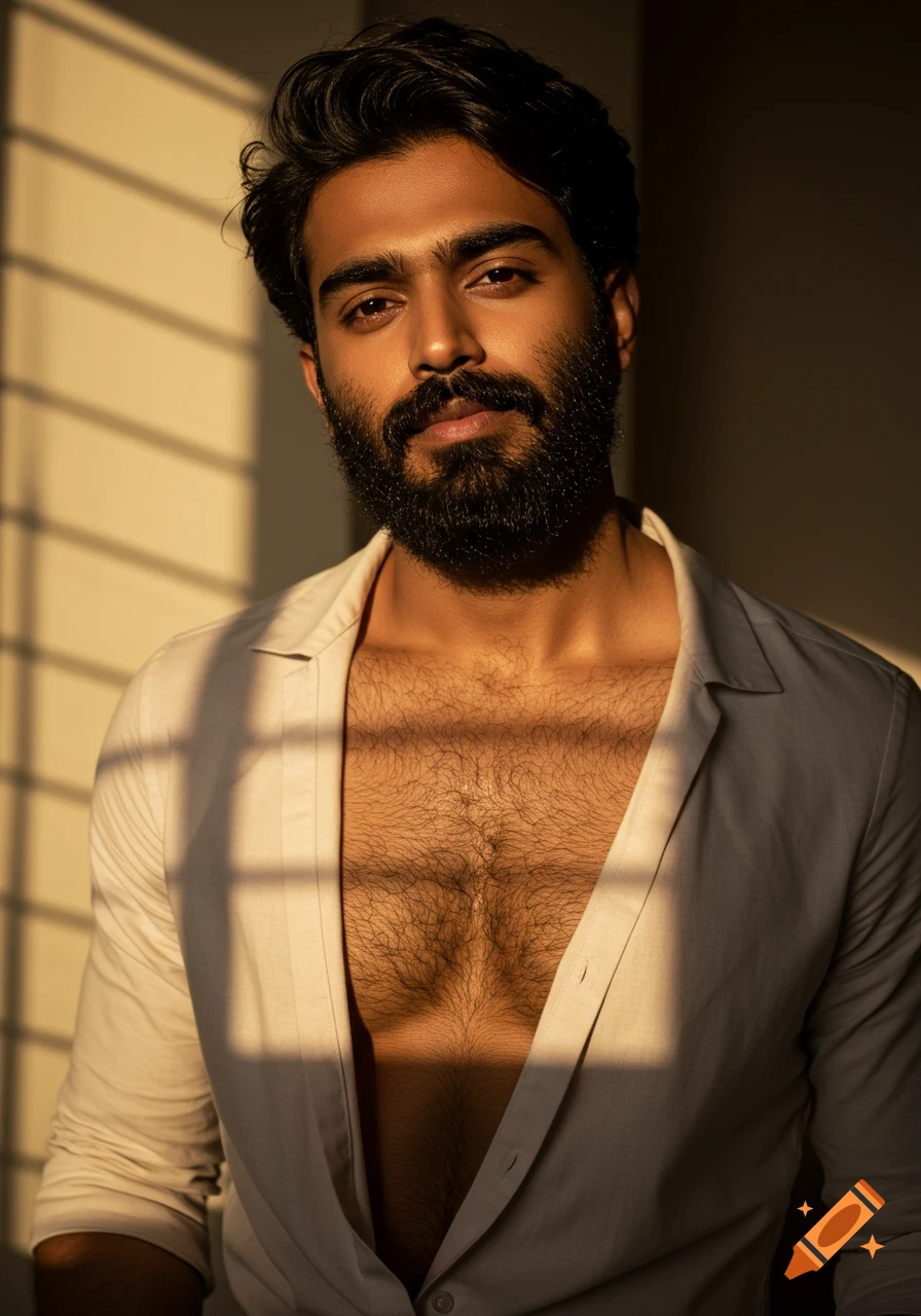 Photorealistic portrait of a bearded South Asian man with an open shirt, chest hair visible, in warm, soft window light.