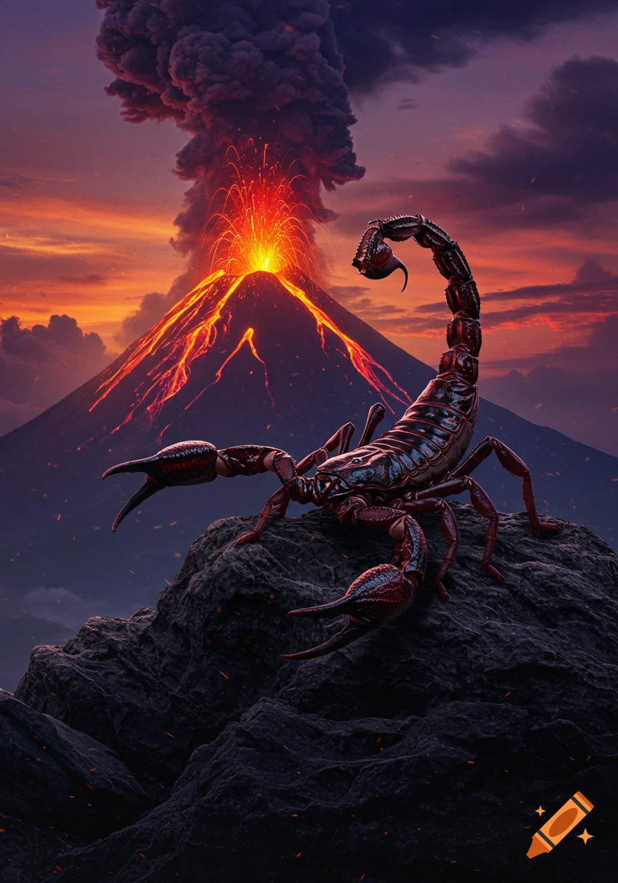 A giant scorpion on rocks with an erupting volcano glowing at sunset in the background.