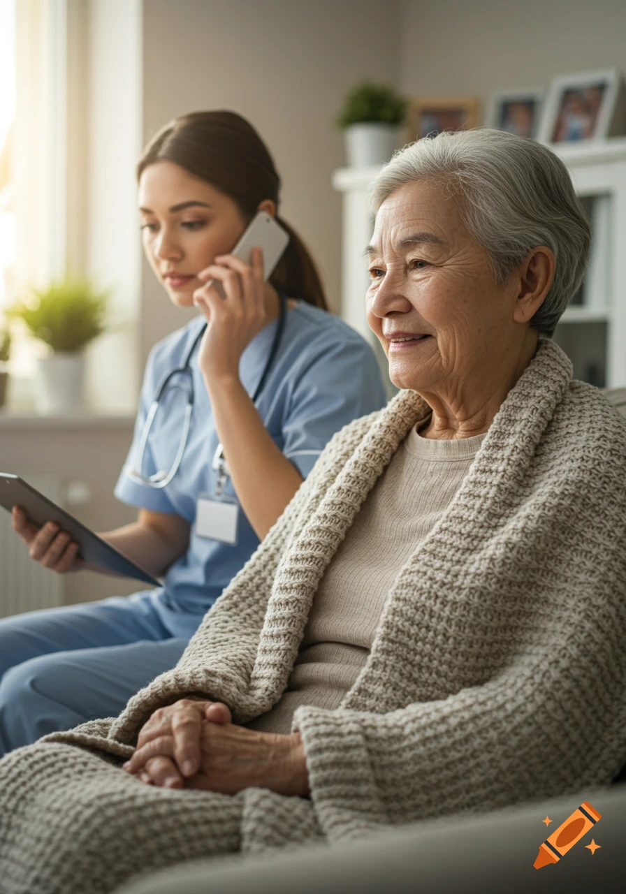Elderly Asian woman in a blanket smiles as a nurse talks on phone, reviewing a tablet.