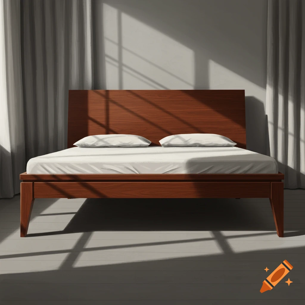 A minimalist bedroom with a wooden bed, white sheets, and pillows, illuminated by sunlight casting strong shadows on the wall and floor. Gray curtains flank the bed.