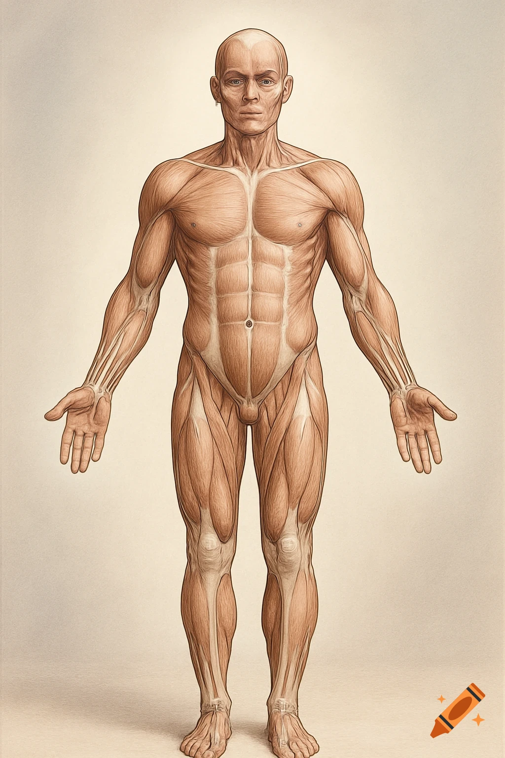 Detailed anatomical illustration of the human muscular system, full body front view.