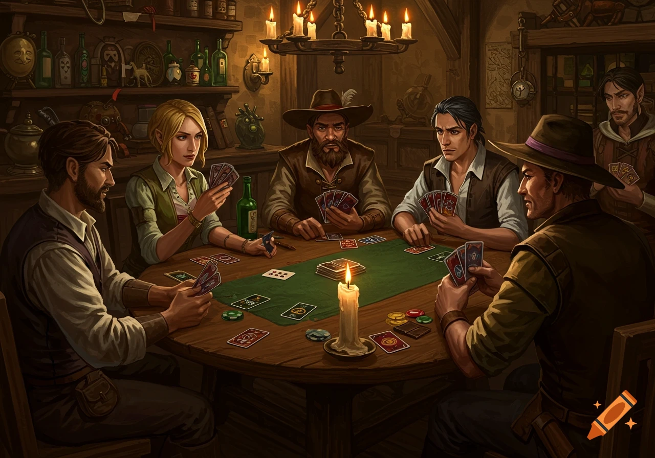 Fantasy characters play a card game at a candlelit wooden table in a dimly lit tavern, surrounded by bottles and trinkets.
