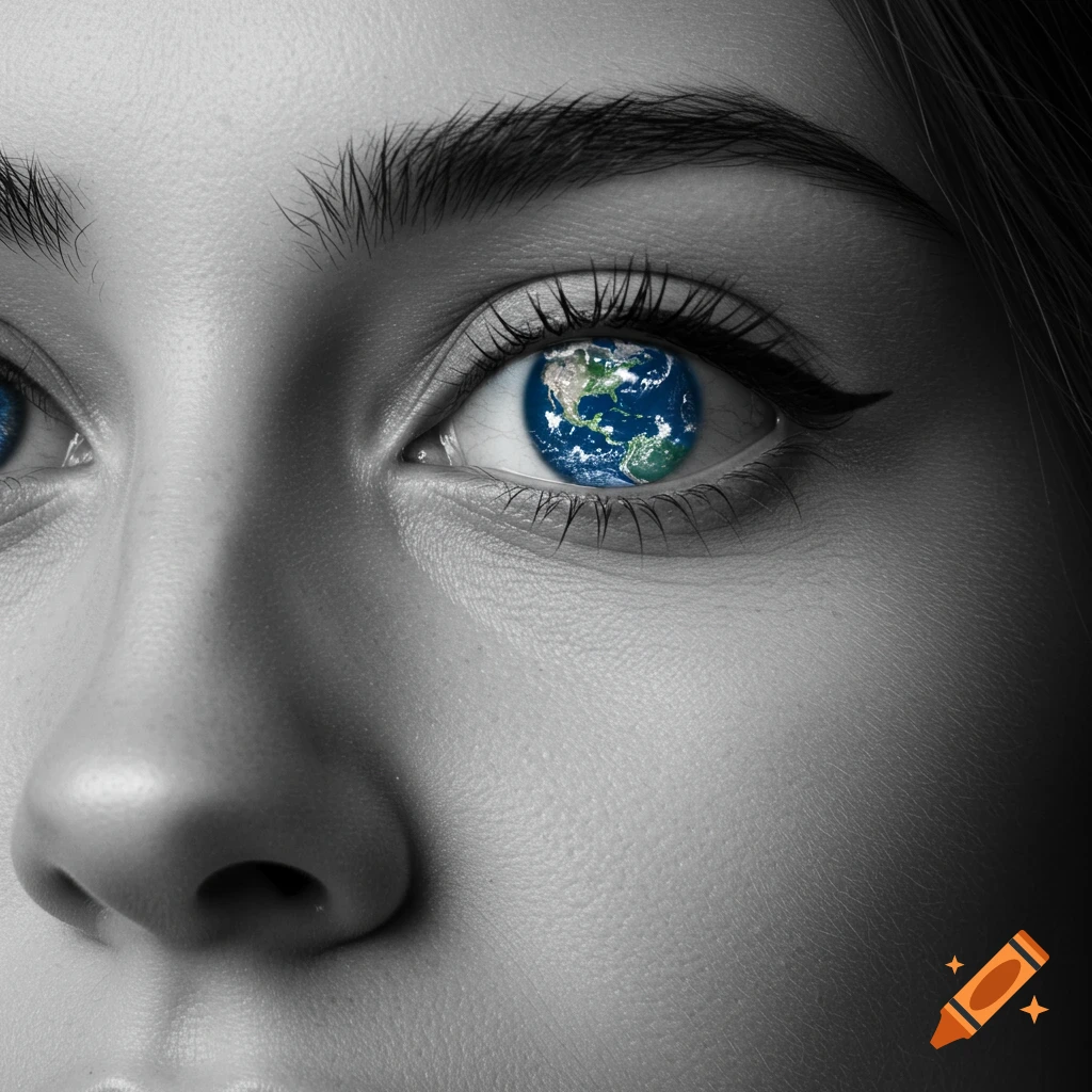 Close-up, black and white photo of a woman's face with Earth visible in her blue eyes, showing the Americas.