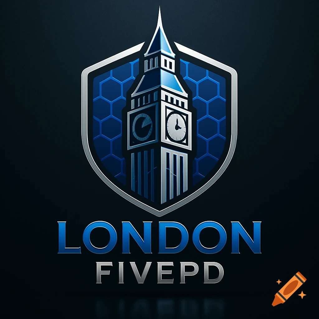 A blue and silver shield logo featuring a stylized Big Ben clock tower above 'LONDON FIVEPD' text.