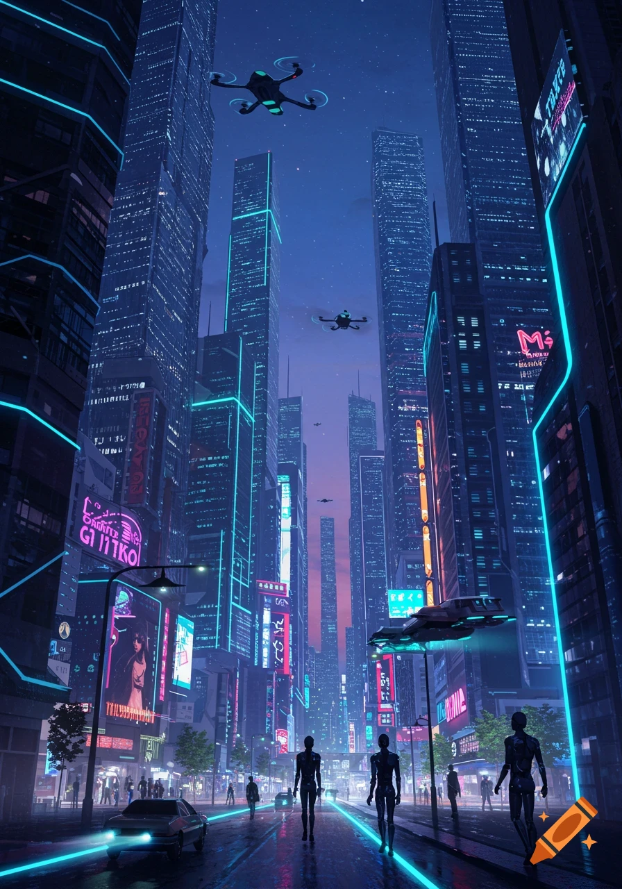 A dark, futuristic city street at night, lined with tall skyscrapers glowing with blue and pink neon lights. Drones fly between buildings and people walk on a glowing street below.