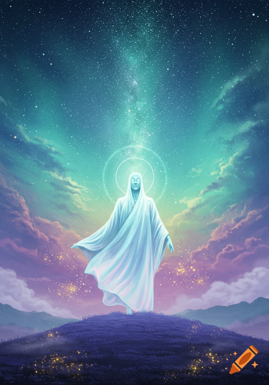 Ethereal robed figure on a purple hill under a vibrant teal starry night sky with glowing clouds.