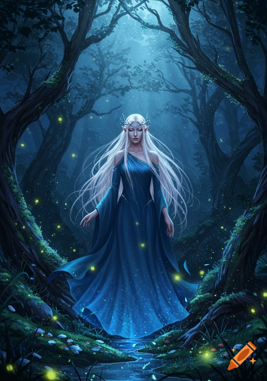An ethereal elf woman with long white hair and pointed ears stands in a dark magical forest illuminated by glowing fireflies, wearing a flowing blue gown.