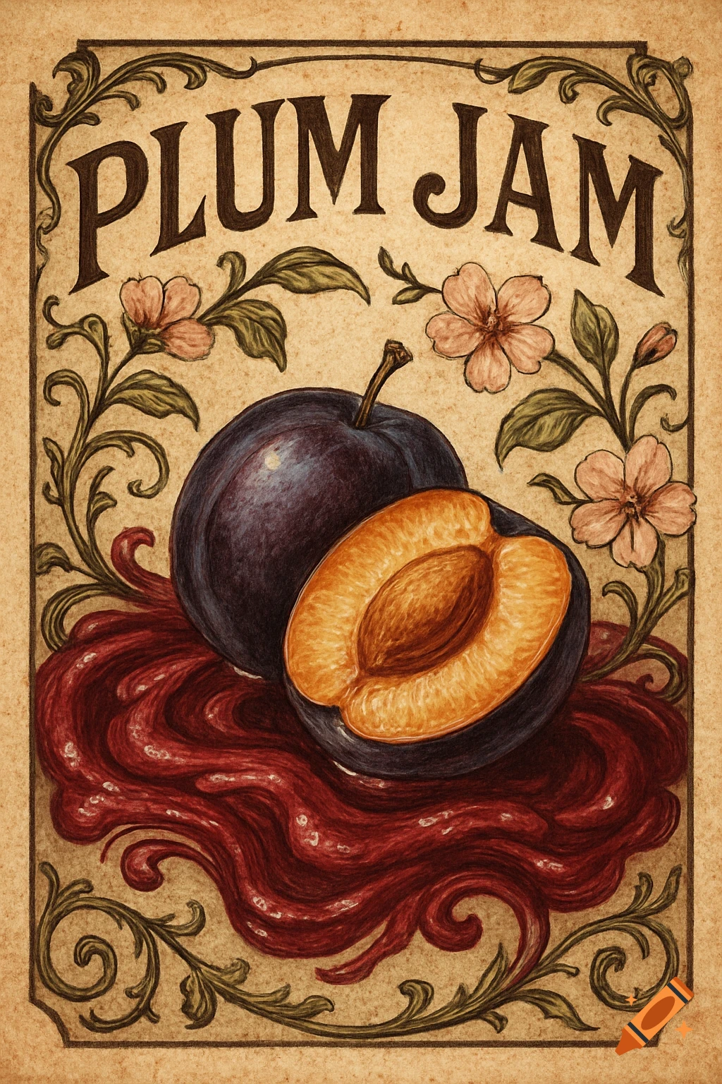 A vintage-style illustrative plum jam label featuring whole and halved plums resting on red jam, surrounded by blossoms and leaves, with the text "PLUM JAM" at the top.